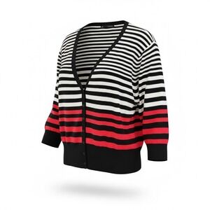 Maurices Womens XXL Cardigan Sweater Black White Red Stripe V Neck Button